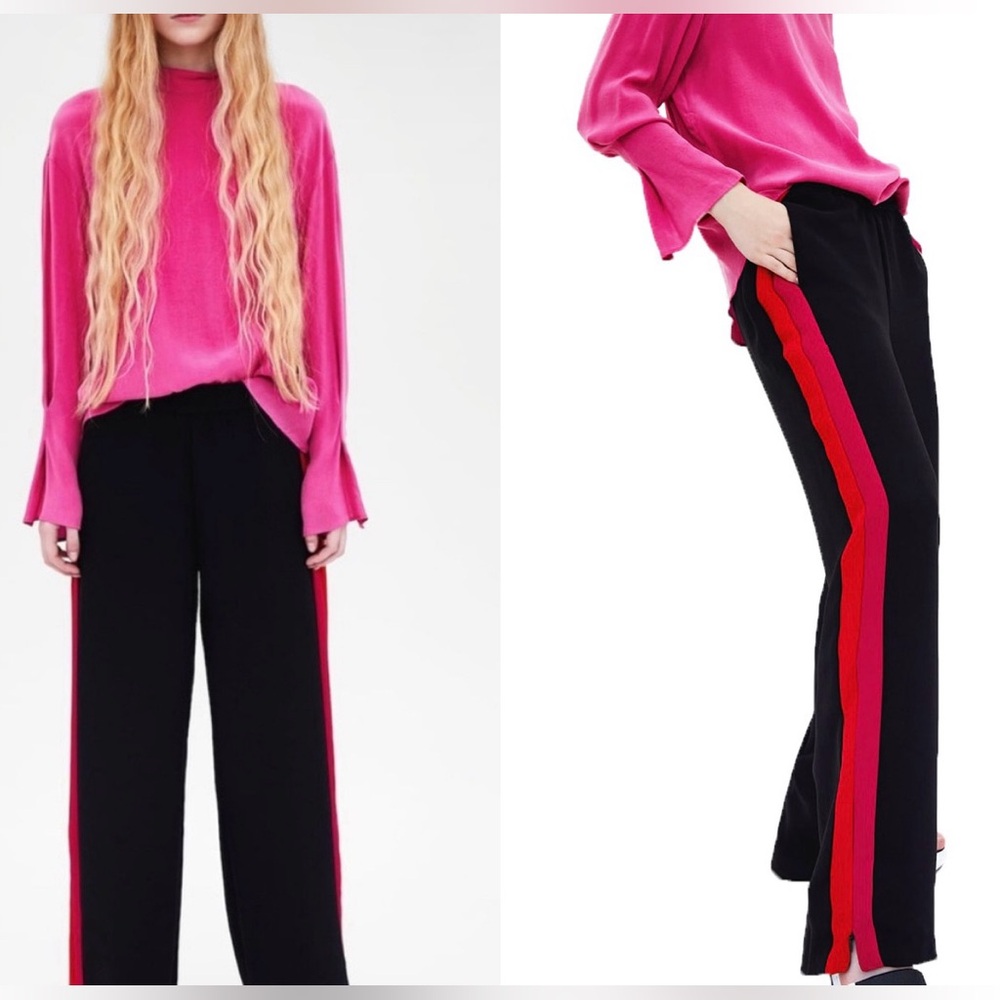 Zara Black Wide-Leg Trousers with Pink and Red Side Stripes